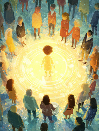 Diverse group of people establishes a supportive space around a glowing individual with autism, celebrating connection and acceptance in a vibrant setting.の素材