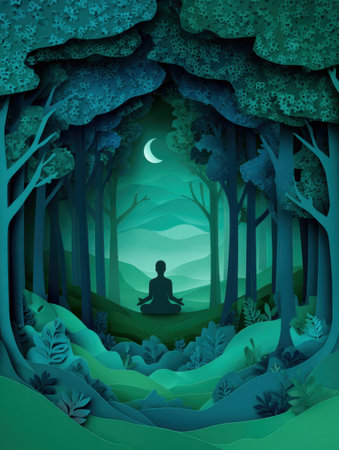 A peaceful figure sits cross-legged in a serene forest, surrounded by tall trees and gentle hills under a crescent moon during twilight.の素材
