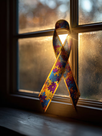 Morning light pours through a window filled with a colorful puzzle ribbon, symbolizing awareness and connection, creating a serene, warm atmosphere.の素材