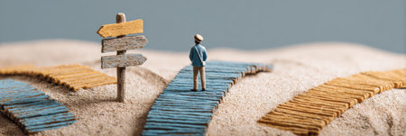 A figure examines four career path signs located at an intersection, surrounded by a textured clay landscape that symbolizes life choices.の素材