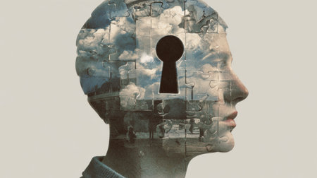 A silhouette of a head filled with puzzle pieces reveals a keyhole view into a sky, representing the unlocking of thoughts and ideas with potential.の素材