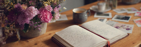 A beautifully arranged open notebook displays gratitude notes, accompanied by a bouquet of flowers and cozy decor in a warm indoor atmosphere.の素材