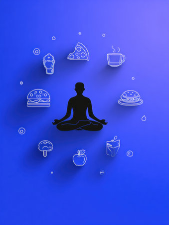 Silhouette practicing meditation is visually enhanced by icons representing food, rest, and learning in a calming blue environment.の素材
