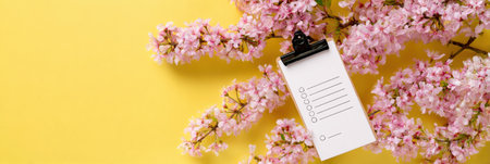 Spring-inspired checklist over yellow background with blossoming floral decorations highlights the joy of setting seasonal goals and aspirations.の素材