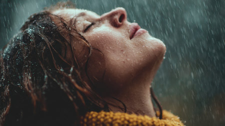 A person stands in gentle spring rain, face to the sky, embracing the refreshing droplets, feeling renewed and connected.の素材