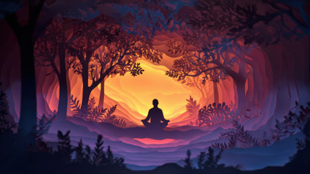 A person sits in meditation surrounded by vibrant trees as the warm sunlight filters through, creating a serene atmosphere at dusk.の素材