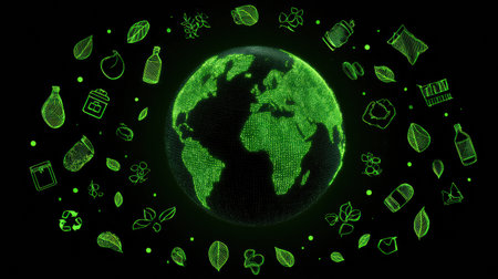 A glowing green globe is centered, encircled by various icons of reusable items like a bottle, bag, and leaf, symbolizing sustainability and eco-friendliness.の素材