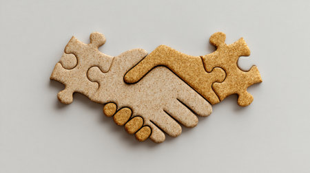 Two puzzle piece hands coming together in a handshake symbolize partnership and teamwork against a simple background, emphasizing collaboration.の素材