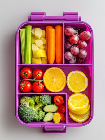 Colorful lunchbox showcases an assortment of fresh vegetables and fruits arranged neatly, perfect for a nutritious meal during a busy day.の素材