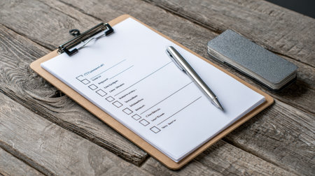 A modern clipboard holds a motivational goal list with checkboxes and a pen, set in a tranquil workspace featuring wooden elements and minimal distractions.の素材