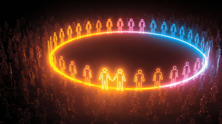A circle of diverse individuals stands together, forming a supportive zone around a glowing person with autism, promoting inclusivity and acceptance.の素材