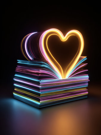 Stacks of colorful books are arranged to form a heart shape, with vibrant light emanating from the center, creating a warm and inviting atmosphere.の素材