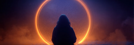 Individual engages in deep breathing while surrounded by a glowing circle, creating a serene atmosphere that emphasizes relaxation and mindfulness.の素材