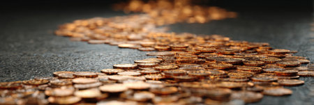 A winding path of shiny coins stretches across a dark surface, guiding viewers toward a recognizable goal icon symbolizing ambition and achievement.の素材