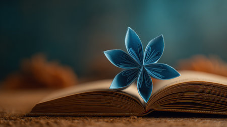 A delicate paper flower opens from the pages of a book, symbolizing growth, creativity, and transformation in a tranquil atmosphere.の素材