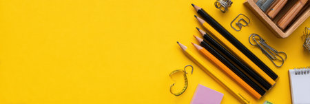 Bright yellow background showcases assorted school supplies including pencils, paper clips, and sticky notes, creating a minimalist and organized appearance.の素材