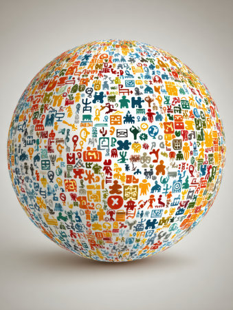A colorful puzzle globe illustrates various diversity icons, emphasizing inclusion and unity among different cultures and identities across the world.の素材