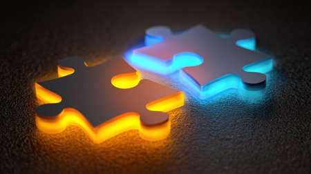 Soft puzzle pieces in vibrant orange and blue glow connect together to symbolize support for autism, emphasizing community and inclusivity.の素材