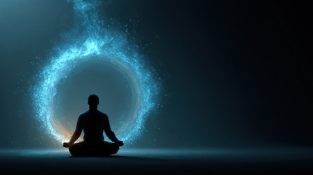 Individual engages in deep breathing within a luminous, abstract circle, creating a sense of calm and tranquility in a mystical setting.の素材