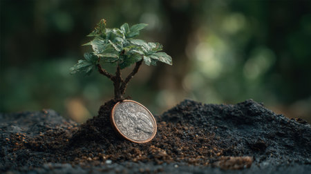 A small tree sprouts from a soil made of coins, representing the importance of financial literacy, investment, and cultivating knowledge for future growth.の素材