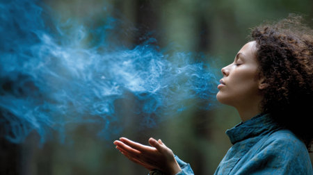 In a tranquil forest, a person exhales a blue wind, symbolizing peace while embracing the calming atmosphere of the surroundings.の素材