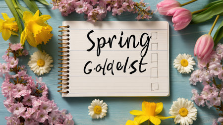 A checklist for spring goals is placed on a flat calendar background surrounded by bright flowers, highlighting seasonal aspirations and planning.の素材