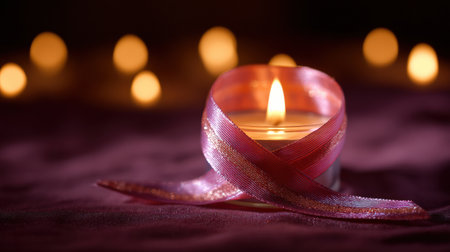 A glowing candle rests in a holder shaped like an awareness ribbon, casting a soft light, creating a serene atmosphere during a peaceful evening.の素材