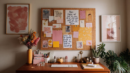 A beautifully arranged workspace featuring a corkboard filled with inspiring quotes, colorful notes, and vibrant decorations that encourage creativityの素材