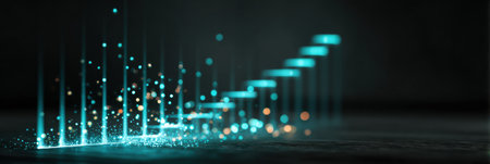 A dynamic glowing chart displays how awareness can enhance resilience, with luminous lines and dots evolving in a dark background to illustrate an upward trend.の素材