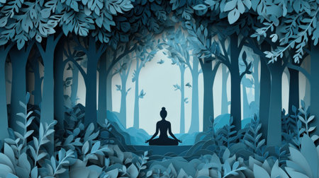 A paper-cut style creation depicts a person meditating peacefully in a tranquil forest filled with lush greenery, softly illuminated by gentle light.の素材