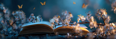A glowing book rests amidst delicate spring blossoms, while colorful butterflies flutter around. The setting evokes a magical and tranquil atmosphere.の素材