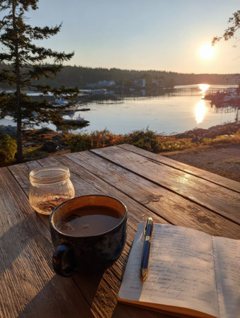 Enjoying a peaceful moment of journaling while sipping coffee at sunset, surrounded by natures beauty and the calm waters of the harbor.の素材
