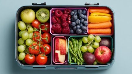 Top-down view of a lunchbox showcasing an array of colorful vegetables and fruits arranged for easy access, healthy promoting eating habits.の素材