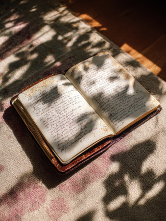 A journal page filled with handwritten poetry captures the essence of creativity, illuminated by sun rays while gentle shadows dance around it.の素材
