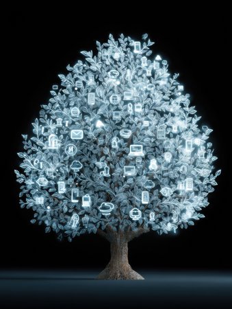 A majestic knowledge tree with glowing, icon-shaped leaves reflects themes of technology and digital info in a dark setting.の素材