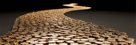A winding path crafted from coins leads toward a goal icon, representing ambition and the pursuit of financial success in a creative setting.の素材
