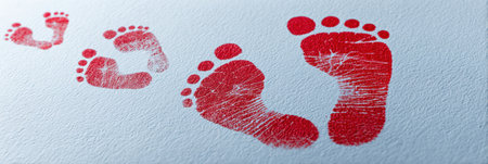 Red footprints trail along a heart-shaped path, representing a symbolic journey towards health and well-being filled with enthusiasm and hope.の素材