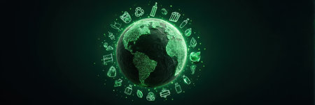 Glowing green globe surrounded by icons representing reusable items, emphasizing the importance of sustainability and eco-friendly practices in todays worldの素材