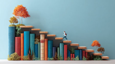 Bookshelves turn into stairs, symbolizing the ascent of reading, celebrating literature and knowledge during reading month.の素材