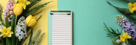 A checklist for spring goals rests on a colorful flat calendar backdrop, surrounded by vibrant flowers, inviting planning for seasonal adventures and tasks.の素材