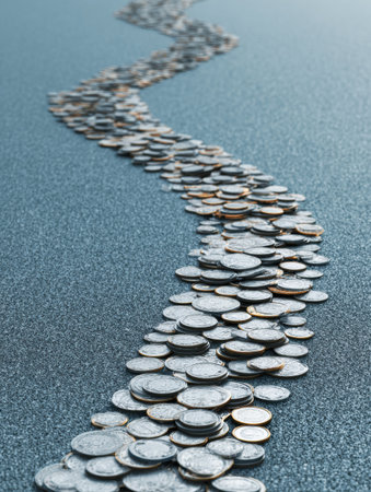 A winding path of coins stretches across a surface, guiding the viewer toward a goal icon symbolizing achievement and prosperity.の素材