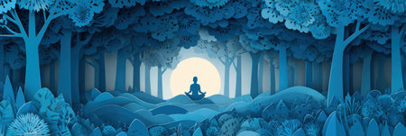 A paper-cut style figure is meditating amidst tranquil trees and lush foliage, illuminated by soft moonlight during twilight, creating a peaceful atmosphere.の素材