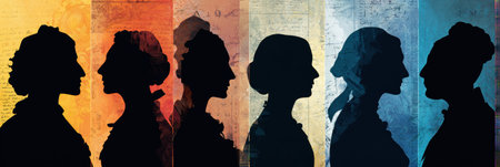 Silhouettes of notable women leaders are creatively displayed in a paper-cut style, highlighting their contributions throughout different time periods and eras.の素材