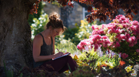 A woman sits under a shaded tree, deeply focused on writing while surrounded by vibrant blooming flowers in a serene garden setting.の素材