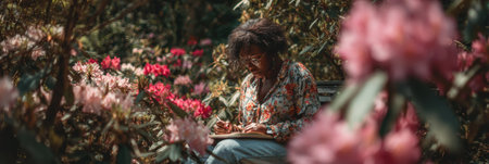 A woman sits beneath a tree, immersed in writing. She is surrounded by colorful blooming plants, enjoying a tranquil moment in a beautiful garden.の素材