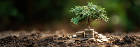 A small tree emerges from a pile of coins, representing the growth and potential of financial knowledge and smart investments in a lush green environment.の素材