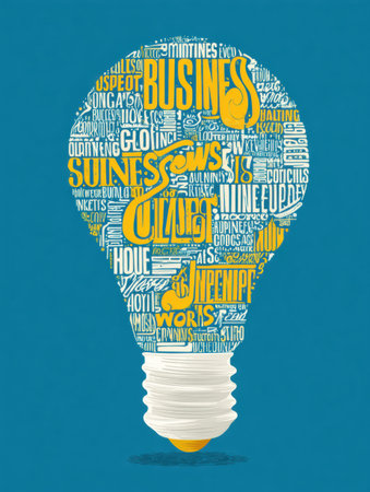 A sleek lightbulb filled with business buzzwords symbolizes innovation and creativity for professional use.の素材