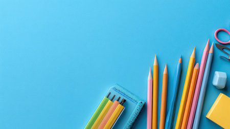 Brightly colored school supplies are neatly arranged on a blue background, creating an inviting space for writing, drawing, and organization tasks.の素材