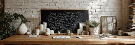 An inviting wooden desk displays a large inspiring quote board surrounded by decorative items and plants in a modern abstract workspace.の素材