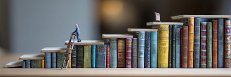 A figure ascends a staircase made of colorful books on a library shelf, symbolizing the exploration and adventure of reading this month.の素材